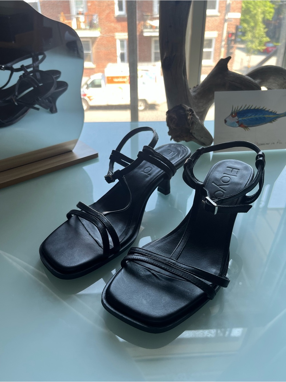 Réal leather Floyd Black Strappy Square-Toe Heels